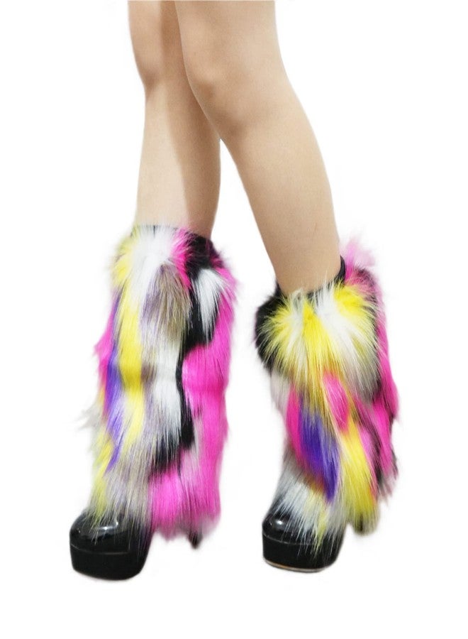 Popuid Tie Dye Women Furry Leg Warmers Faux Fur Boot Covers Fluffies Cuffs, 9.8" Tall (Purple-Yellow) - Image 3